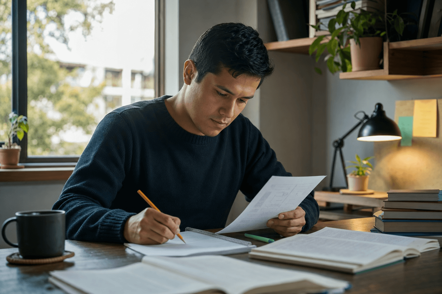 Aspirante al concurso docente estudiando con guías y ejercicios